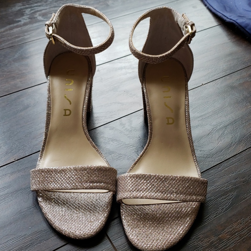 Sparkly gold Unisa block heel sandals special even